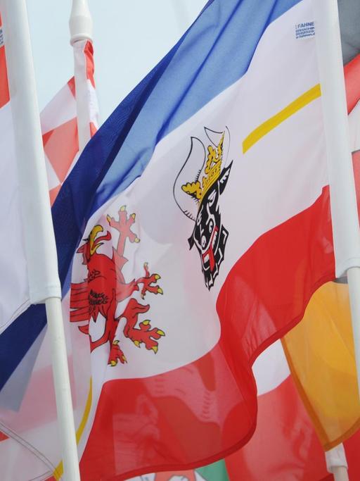 Die Flaggen mehrerer Bundesländer, darunter Mecklenburg-Vorpommern, und Hamburg, wehen an Masten