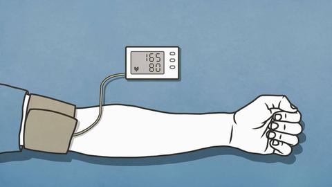 Eine Illustration zeigt einen Arm mit einer Manschette zum Blutdruckmessen an die ein kleiner Monitor angeschlossen ist.