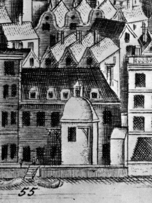 Der Stahlhof, die Handelsniederlassung der Hanse in der Thames Street in London, Ausschnitt eines historischen Kupferstiches aus dem 17. Jahrhundert, auf dem Bild markiert als Gebäudekomplex Nr. 55