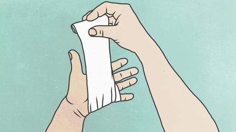 Illustration: Eine rechte Hand verbindet eine linke Hand mit einem Verband.