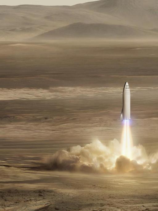 Diese Simulation von Elon Musks Firma SpaceX zeigt eine Rakete beim Start auf dem Mars.