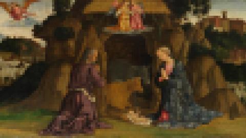 Ein Gemälde von Antonio di Benedetto Aquilio in der Sixtinischen Kapelle. Das Gemälde ist verpixelt dargestellt. Man erkennt schemenhaft zwei Personen in einer Landschaft.