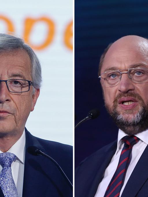 Montage: Die Spitzenkandidaten bei der Europawahl, Jean-Claude Juncker für die Konservativen (l.) und Martin Schulz für die Sozialdemokraten