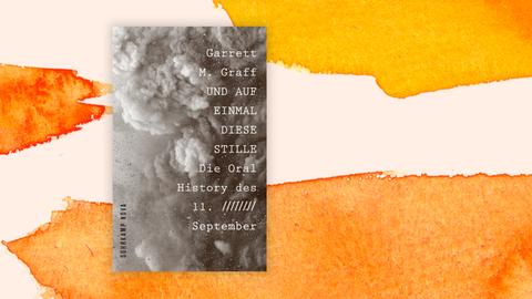 Buchcover mit der Fotografie von grauen Rauch- und Staubwolken, vor einem Aquarell-Hintergrund.