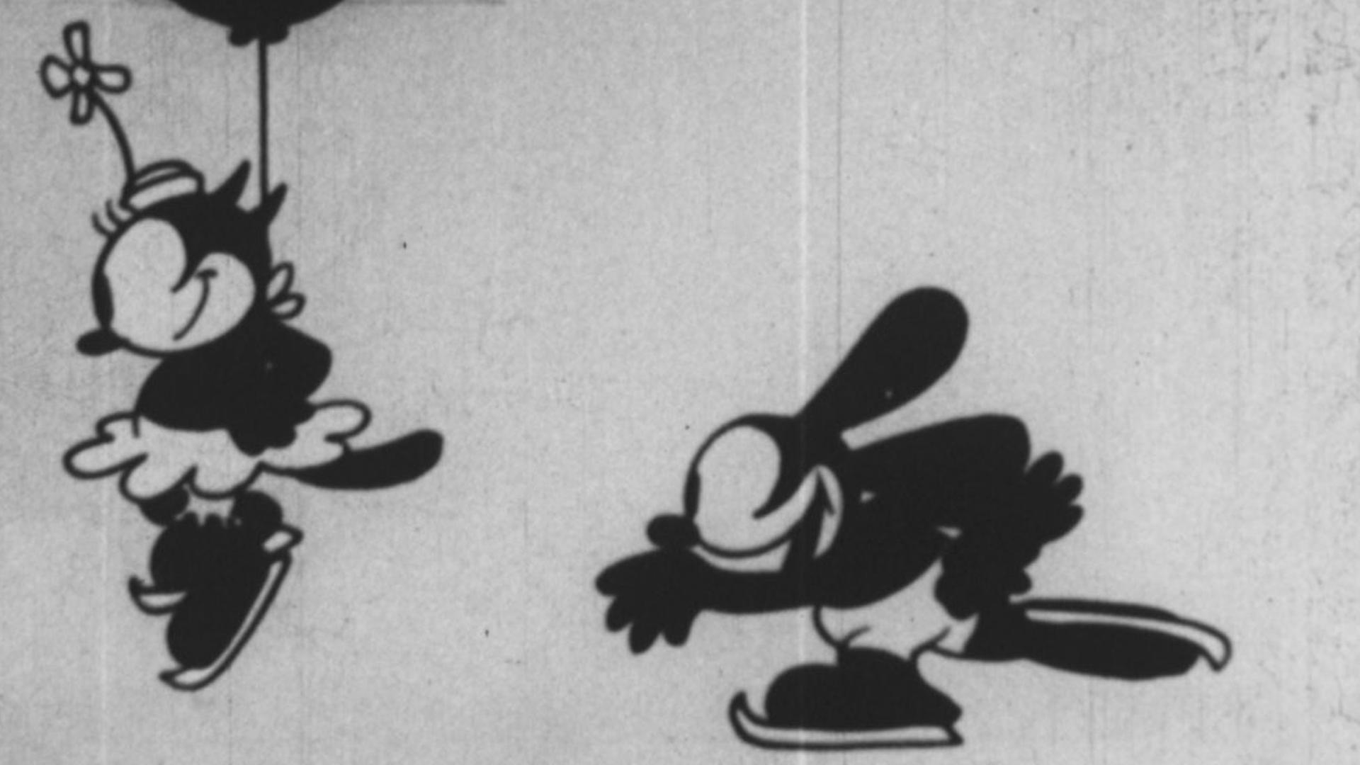 Eine Szene aus "Sleigh Bells" von 1928: Oswald, the lucky Rabbit skated zu seiner Frau, Ortensia, the cat.