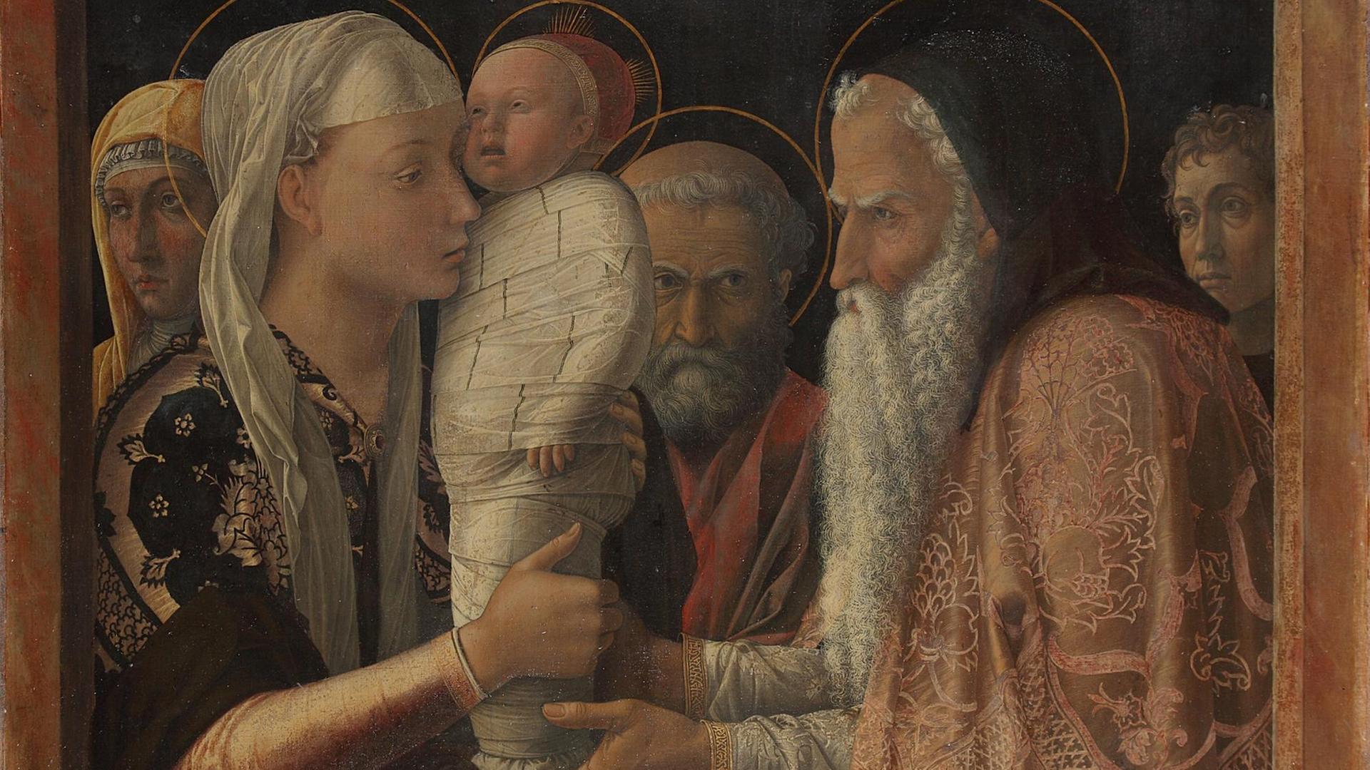 Gemälde der Renaissance: Das in weiße Windeln gewickelte Jesuskind wird von der jungen Maria einem Alten Mann überreicht.