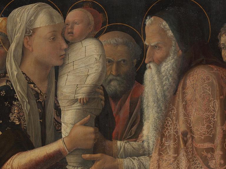 Gemälde der Renaissance: Das in weiße Windeln gewickelte Jesuskind wird von der jungen Maria einem Alten Mann überreicht.
