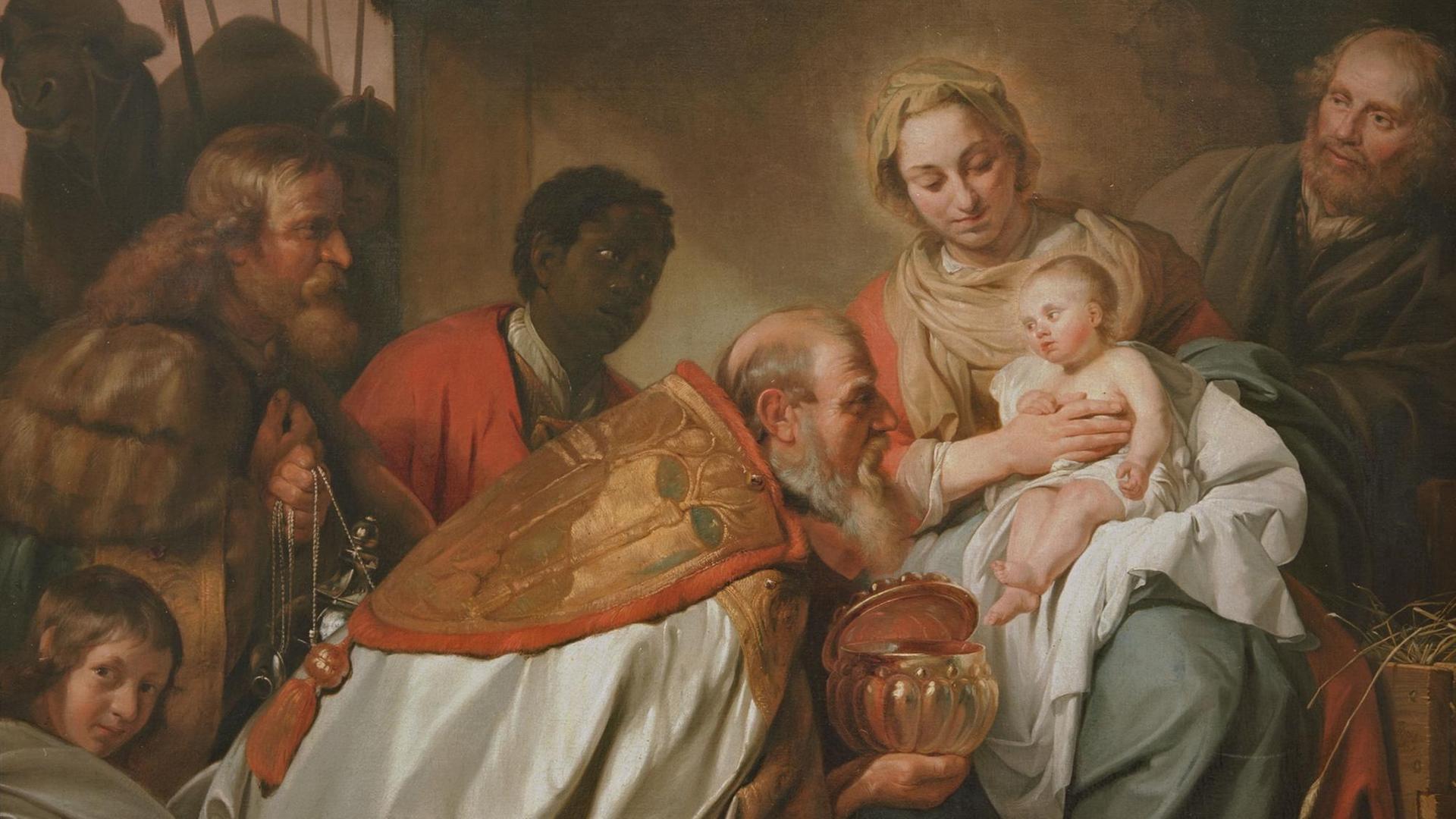 Das Ölgemälde von J. de Bray zeigt die Heiligen Drei Könige, die sich vor dem Jesuskind verneigen.