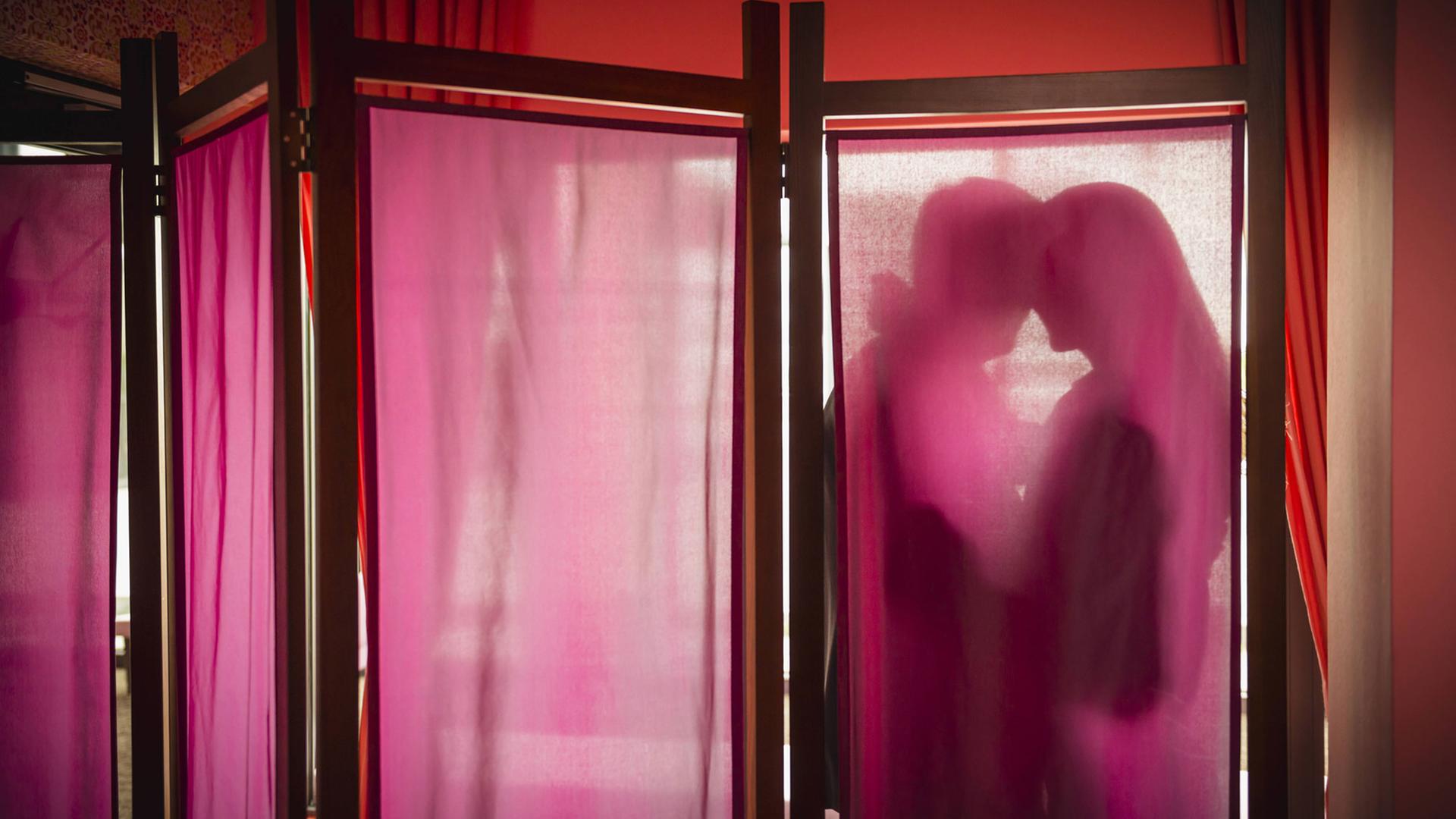 Ein Mann und eine Frau umarmen sich hinter einem durchscheinenden Wandschirm.