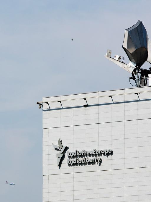 Logo and satellite dishes at the headquarters of Radio Free Europe/Radio Liberty (RFE/RL) in Prague, Czech Republic, July 18, 2013.