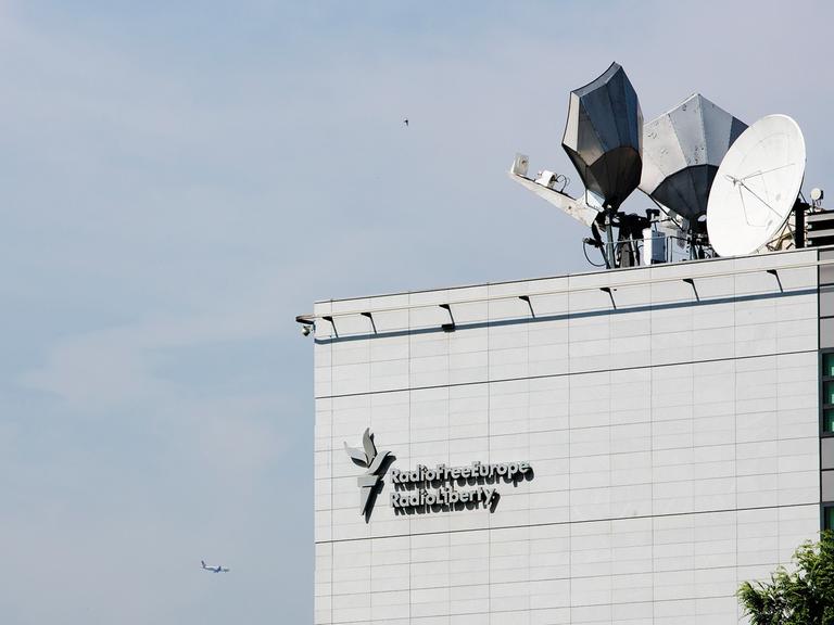 Logo and satellite dishes at the headquarters of Radio Free Europe/Radio Liberty (RFE/RL) in Prague, Czech Republic, July 18, 2013.