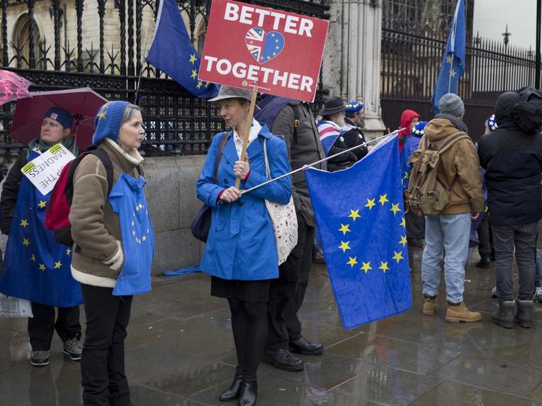Einige Menschen bei Regenwetter in London mit Schirmen und EU-Fahnen und einem Plakat, auf dem ein gebrochenes Herz zu sehen ist und der Spruch "Better together" - "Besser gemeinsam".
