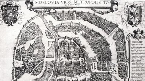Karte von Moskau in Georg Brauns Stadtansichtenbuch "Civitates Orbis Terrarum" - es zeigt die Metropole etwa zwei Jahre bevor die Tataren sie 1571 niederbrannten
