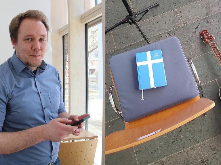 Linkes Bild: Ein Mann in blauem Hemd hält ein Handy in den Händen und schaut verschmitzt in die Kamera. Rechtes Bild: Draufsicht auf einen Stuhl, auf dem eine Basis Bibel liegt. Daneben, auf dem Boden, liegt eine schwarze Gitarre.