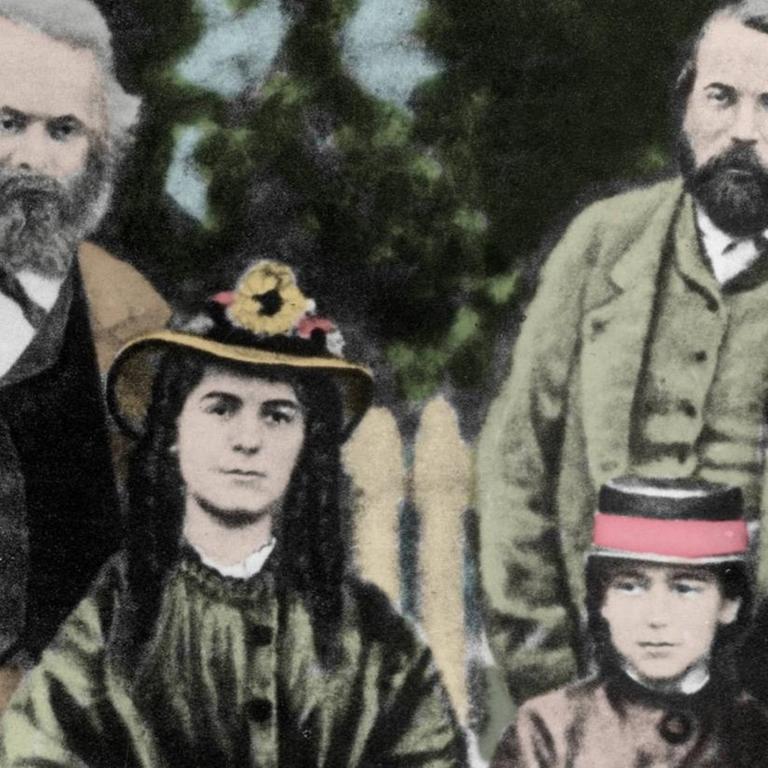 Friedrich Engels und Karl Marx mit Jenny, Laura et Eleanor in einer nachkolorierten, bearbeiteten Form.