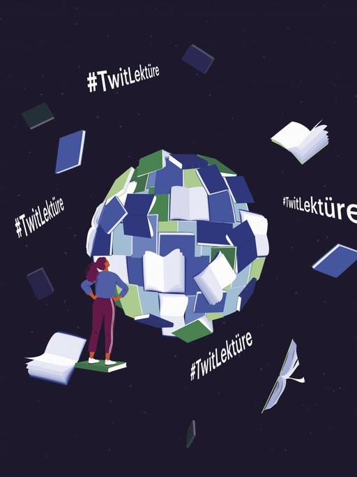 Eine Frau betrachtet eine Welt aus Büchern. Bücher fliegen umher, dazwischen Hashtags.