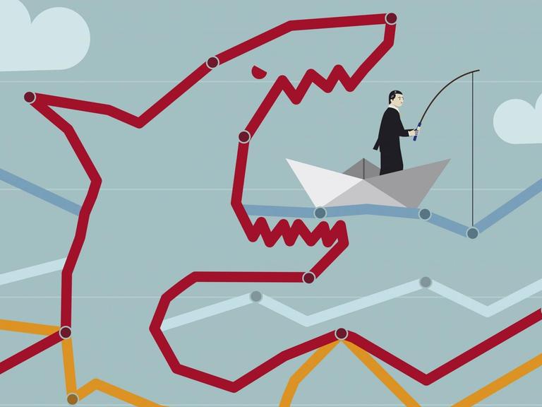 Illustration: Geschäftsmann in einem Papierboot bemerkt nicht einen angreifenden Hai.