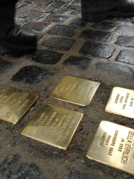 Ein Passant läuft in der Regensburger Innenstadt an "Stolpersteinen" vorbei.