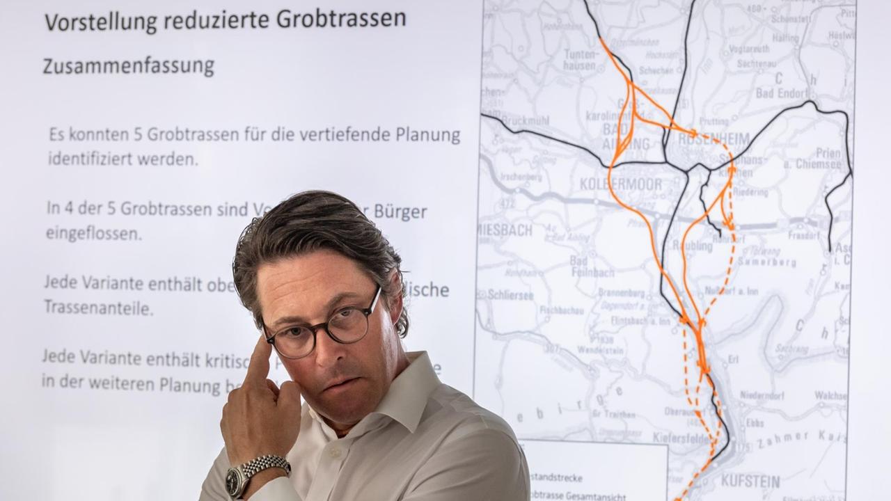 Bundesverkehrsminister Andreas Scheuer nimmt an einer Pressekonferenz der Deutschen Bahn zu den Vorschlägen für die fünf möglichen Trassenverläufe des sogenannten Brenner-Nordzulauf teil. Im Hintergrund ist eine Karte mit den fünf möglichen Streckenverläufen rund um Rosenheim.