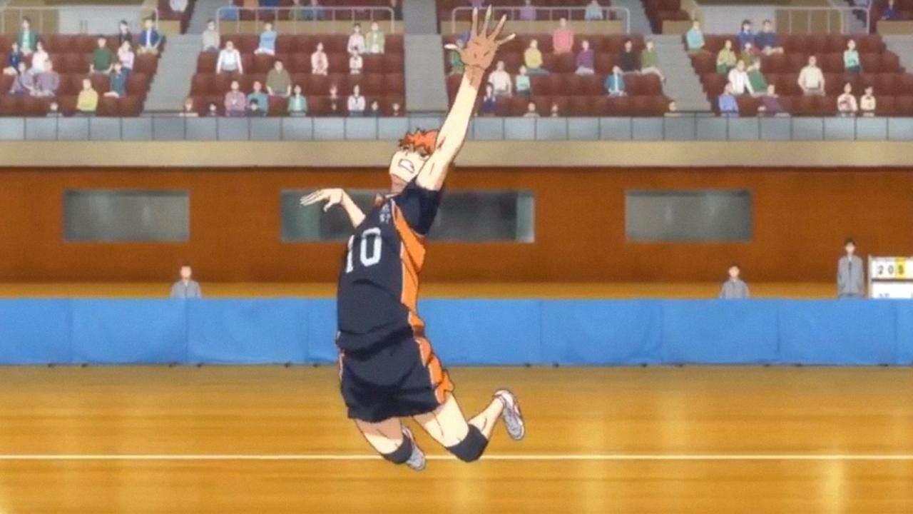 Szene aus der Trickserie "Haikyu": Soe zeigt einen Jungen beim Sprung auf einem Volleyball-Spielfeld.