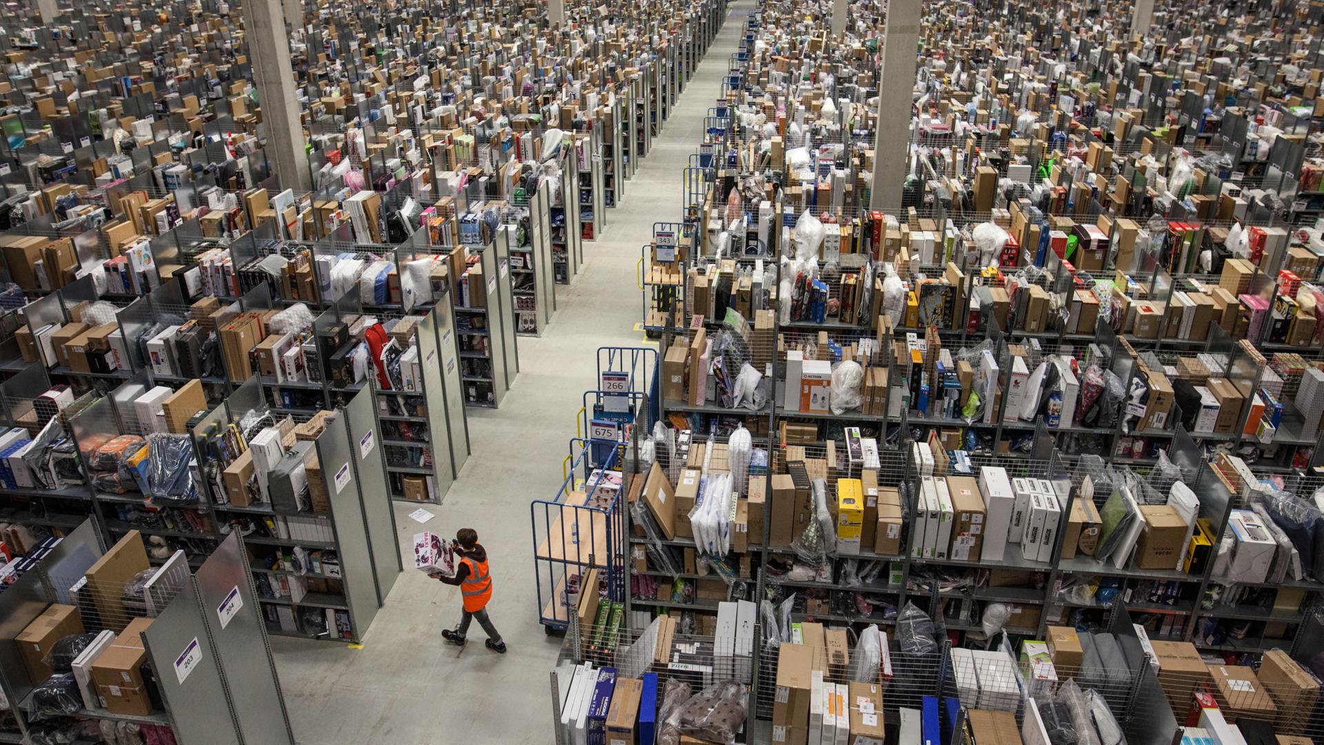 Eine Mitarbeiterin in einer großen Lagerhalle mit tausenden Kartons in Regalwänden