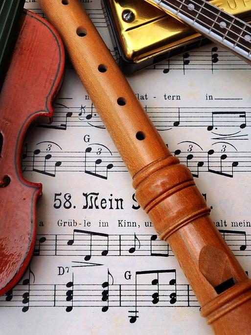 Eine Geige, eine Flöte, eine Mundharmonika und ein Banjo liegen auf einem Notenblatt.