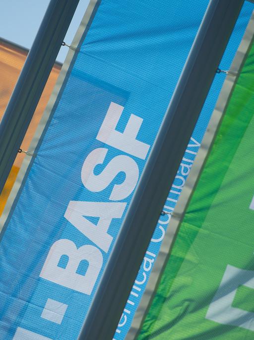 Fahnen mit der Aufschrift BASF in Ludwigshafen vor dem Werksgelände des Chemiekonzerns BASF