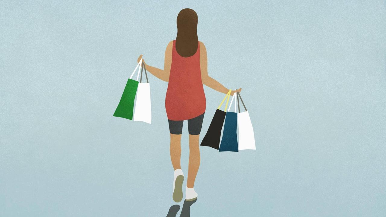 Illustration einer Frau von hinten mit mehreren Einkaufstauschen.