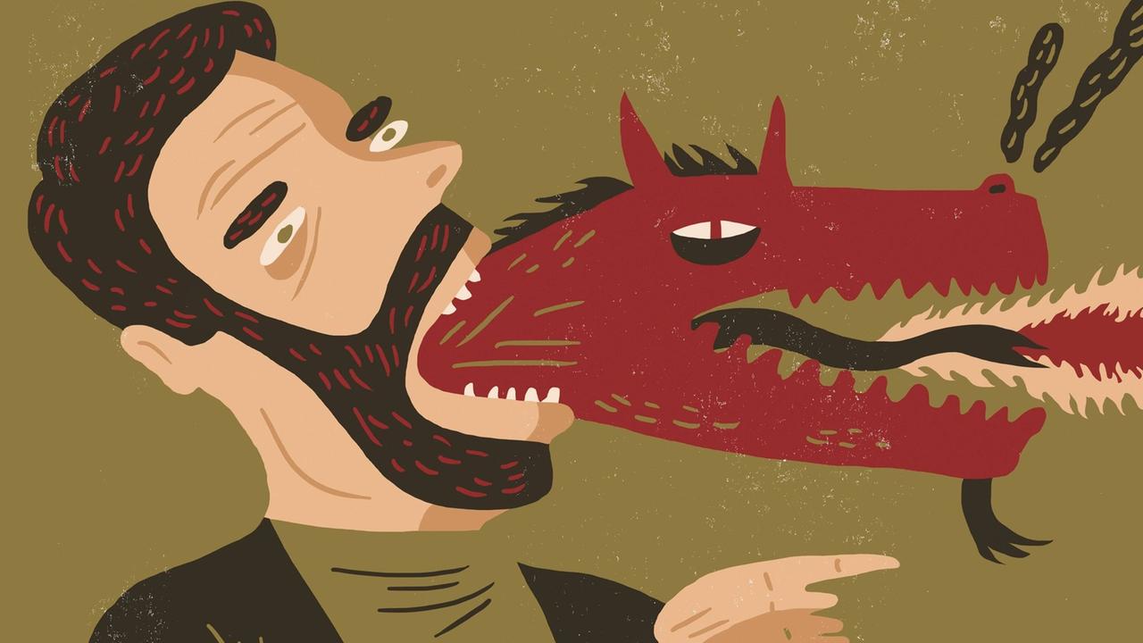 Eine Illustration zeigt einen Mann, aus dessen Mund ein Wolf springt.