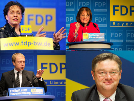 Die Kandidaten für den stellvertretenden FDP-Parteivorsitz: Birgit Homburger (o.l.), Sabine Leutheusser-Schnarrenberger, Christian Lindner und Holger Zastrow