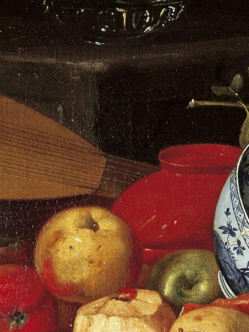 Gemälde von Äpfeln, einer Mandolino und einer Schüssel