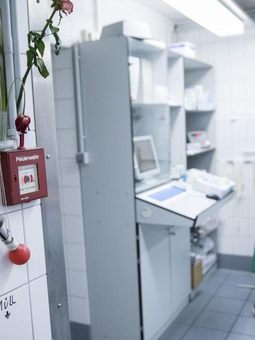 Eine Klingel für Bestatter ist am Universitätsklinikum Hamburg im Institut für Rechtsmedizin an einer Wand im Übergaberaum für Verstorbene zu sehen.