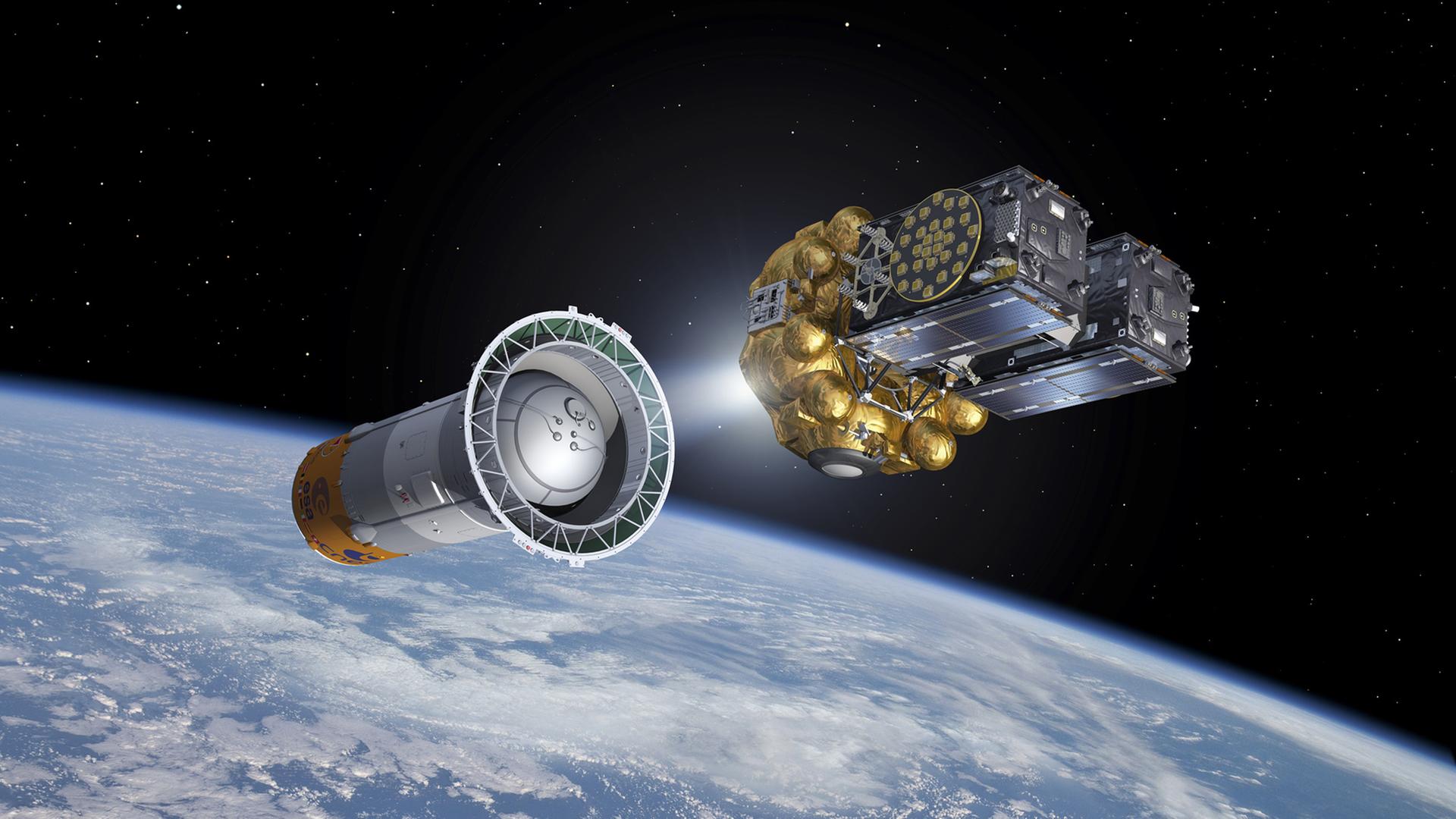 Eine Computergrafik zeigt die Aussetzung zweier Galileo-Satelliten. 
