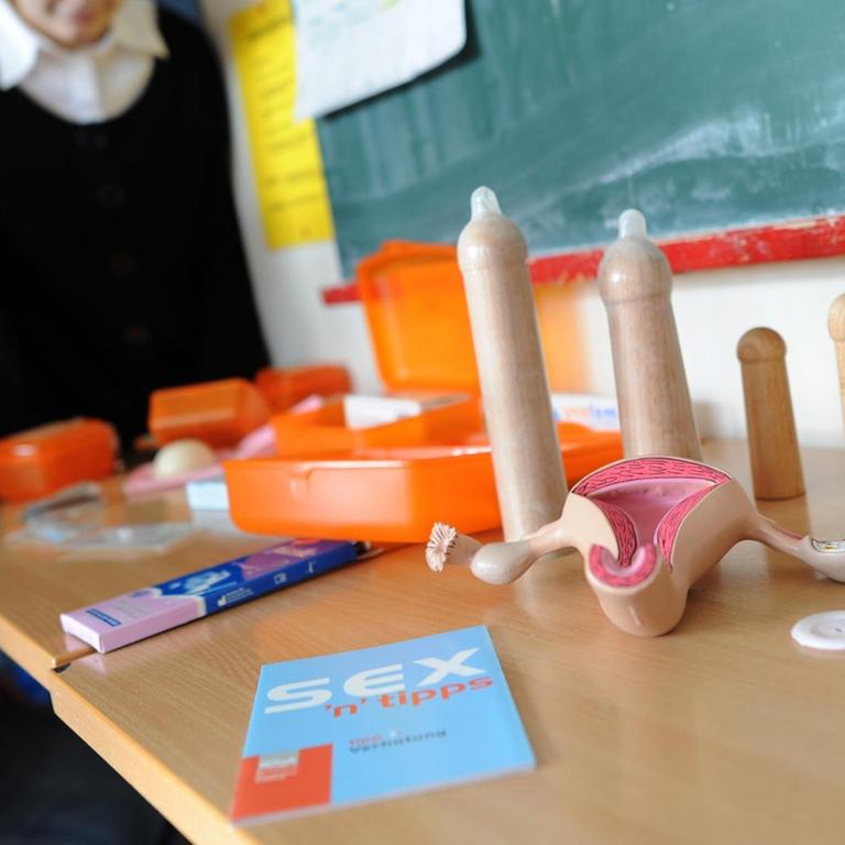 Schüler stehen in einer Schule in Hannover im Sexualkundeunterricht neben Anschauungsmaterial zur Unterrichtseinheit "Sozialkompetenz und Sexualerziehung".