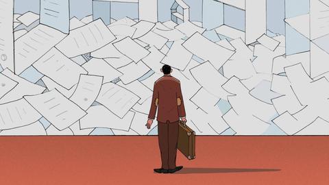Eine Illustration zeigt einen Mann mit Aktentasche und Ärmelschonern vor einem stapelweise Papier aus denen zum Teil Häuser gebaut sind.