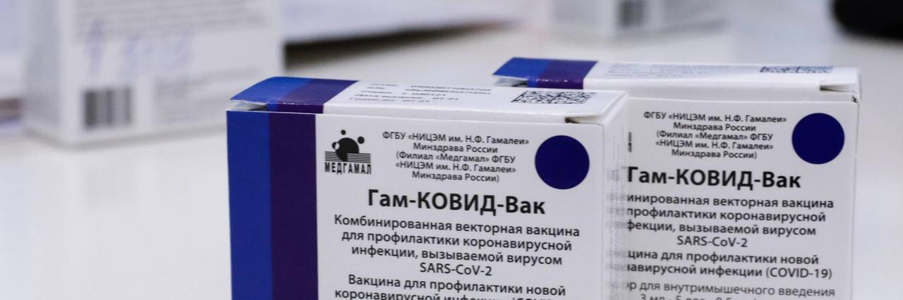Das Foto zeigt zwei blau-weiße Medikamentenpackungen mit russischer Aufschrift, die den Covid-Impfstoff Sputnik V enthalten.