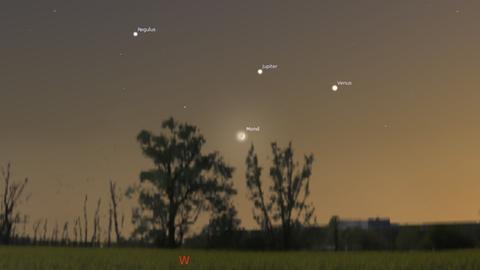 Zum Dreieck Mondsichel-Venus-Jupiter gesellt sich links noch Regulus dazu