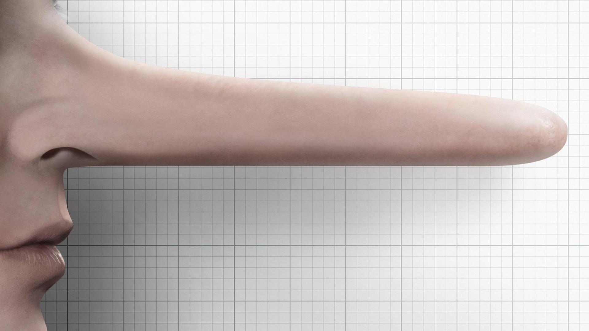 Eine symbolische Illustration zeigt einen Lügner mit sehr langer Nase.