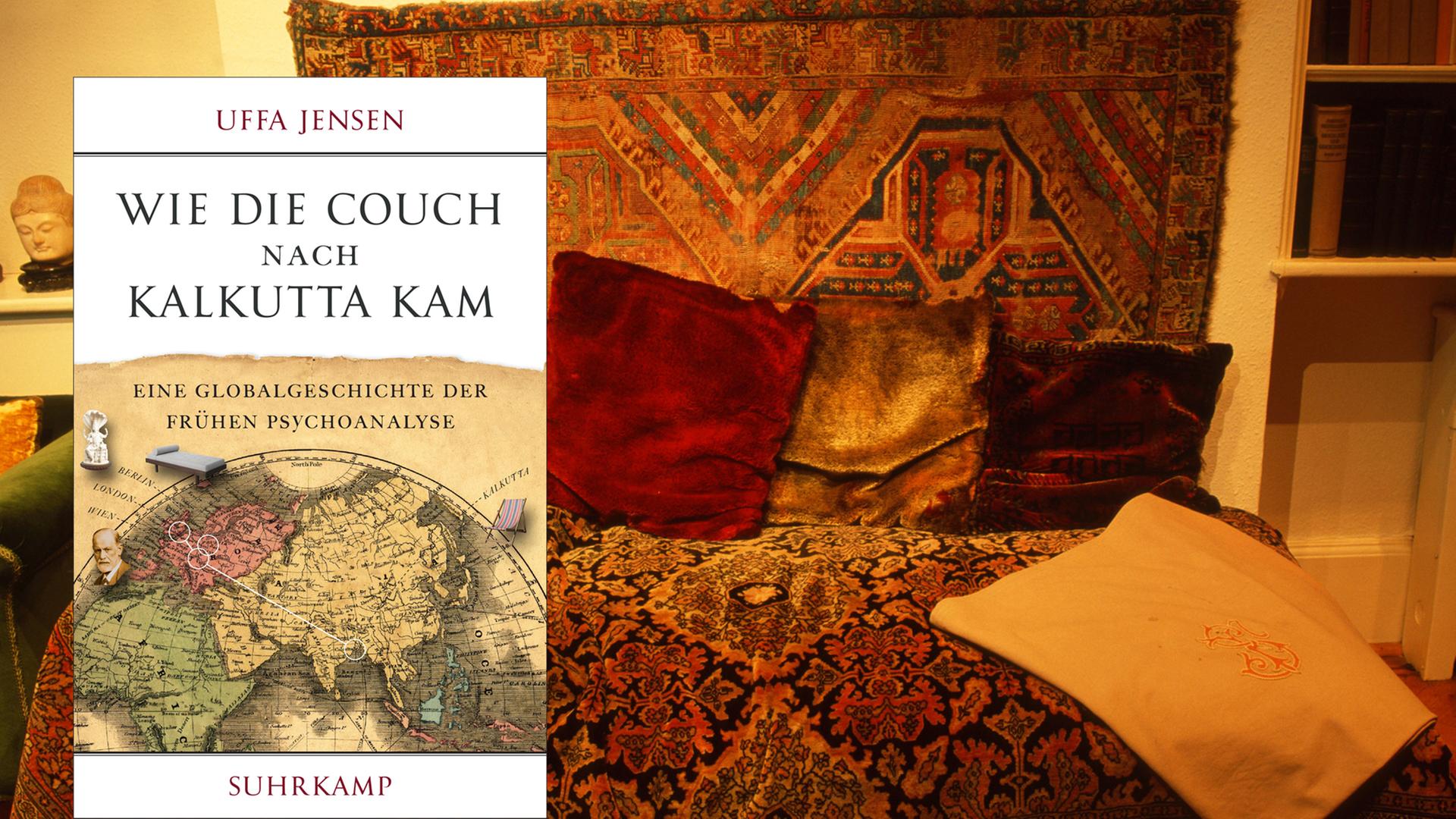 Cover: "Wie die Couch nach Kalkutta kam: Eine Globalgeschichte der frühen Psychoanalyse" und Couch im Siegmund-Freud-Museum London