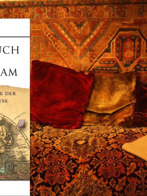 Cover: "Wie die Couch nach Kalkutta kam: Eine Globalgeschichte der frühen Psychoanalyse" und Couch im Siegmund-Freud-Museum London
