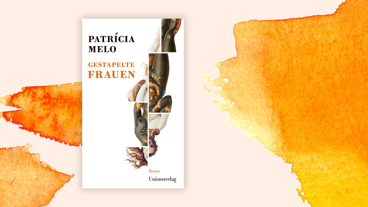 Covercollage von Patrícia Melo "Gestapelte Frauen" vor orangenem Aquarell-Hintergrund