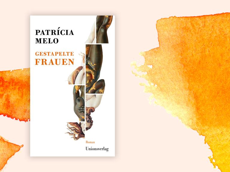 Covercollage von Patrícia Melo "Gestapelte Frauen" vor orangenem Aquarell-Hintergrund