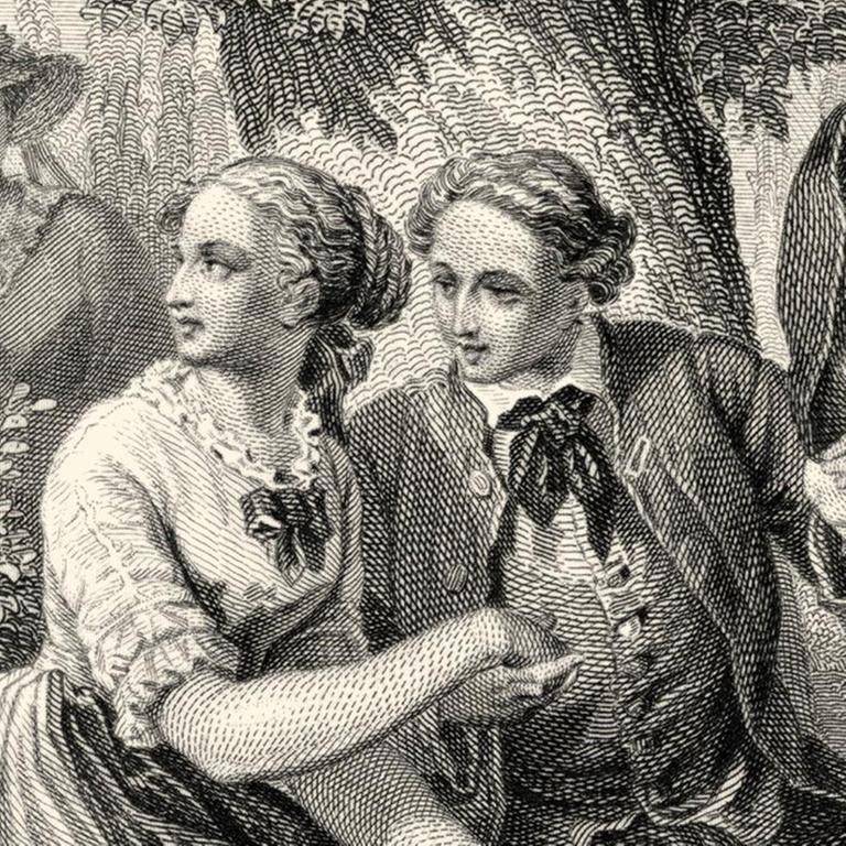Historischer Stahlstich von Ferdinand Rothbart, 1823 - 1899, ein deutscher Illustrator, Friederike Elisabeth Brion und Goethe als junges Paar