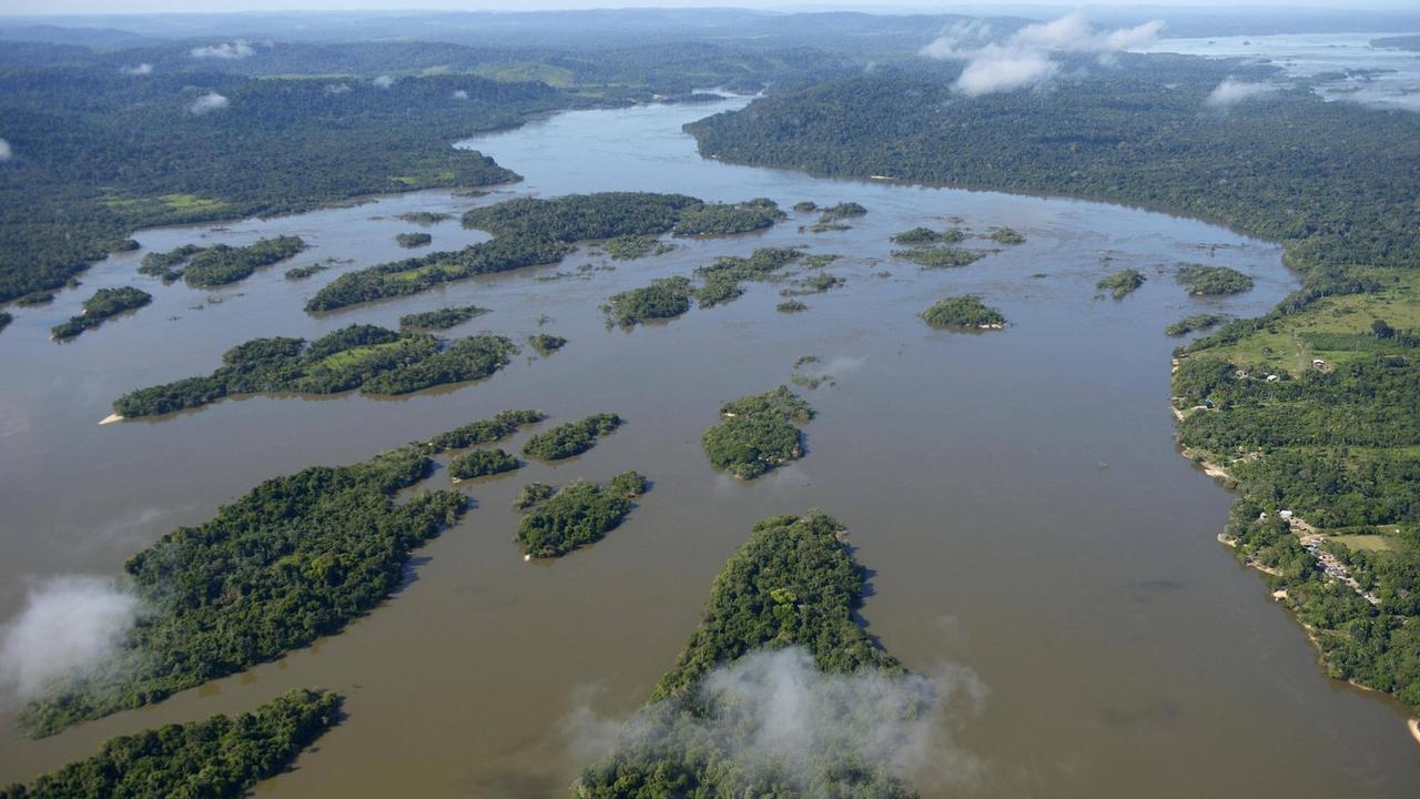 Eine Amazonas-Flusslandschaft aus der Luft gesehen. 