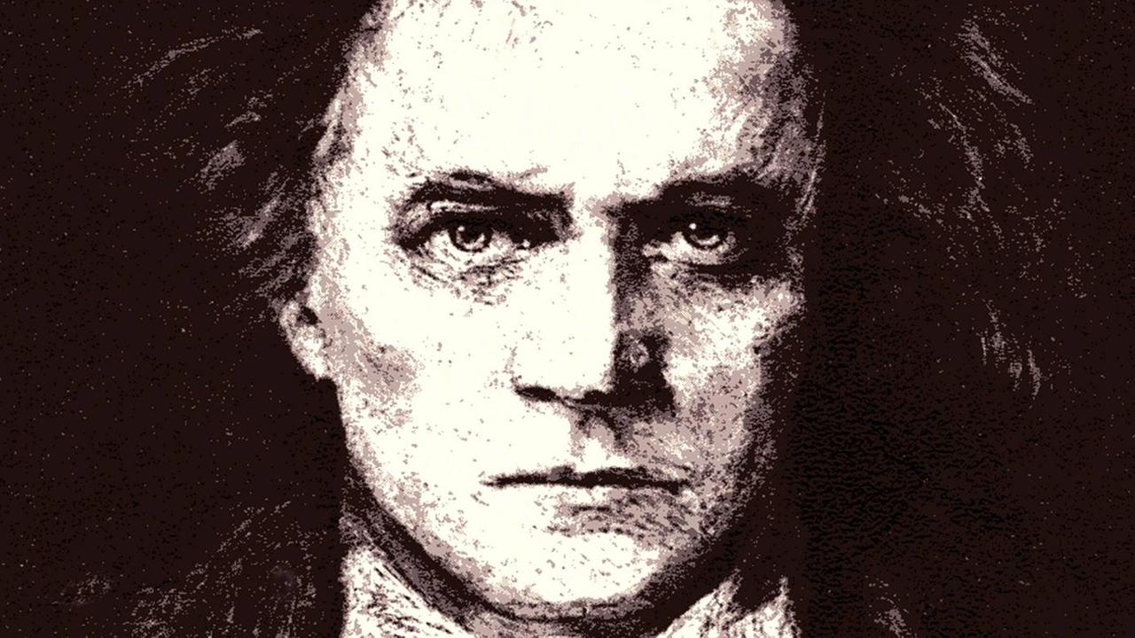 Fotographie einer Postkarte um 1920, die einen idealisierten Beethoven mit wilden Augen zeigt.