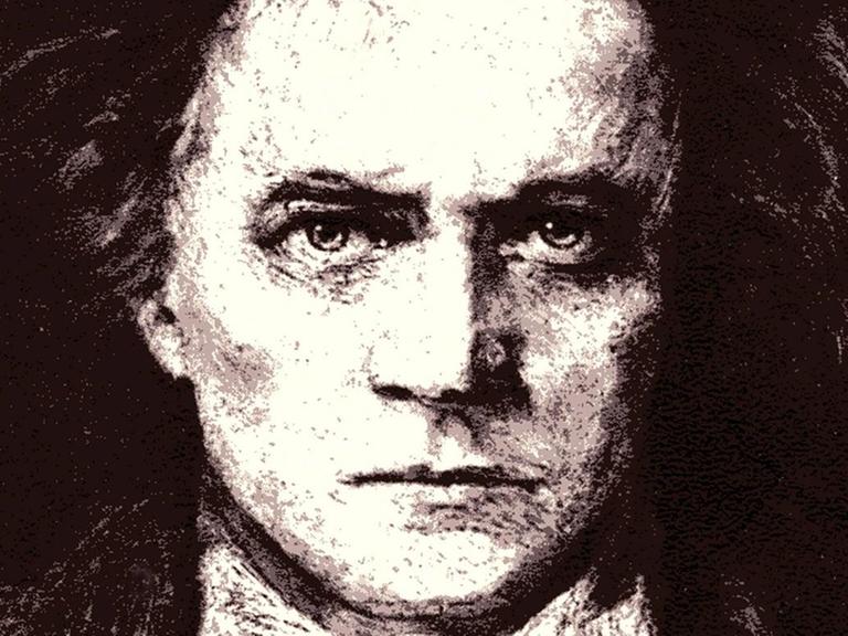 Fotographie einer Postkarte um 1920, die einen idealisierten Beethoven mit wilden Augen zeigt.