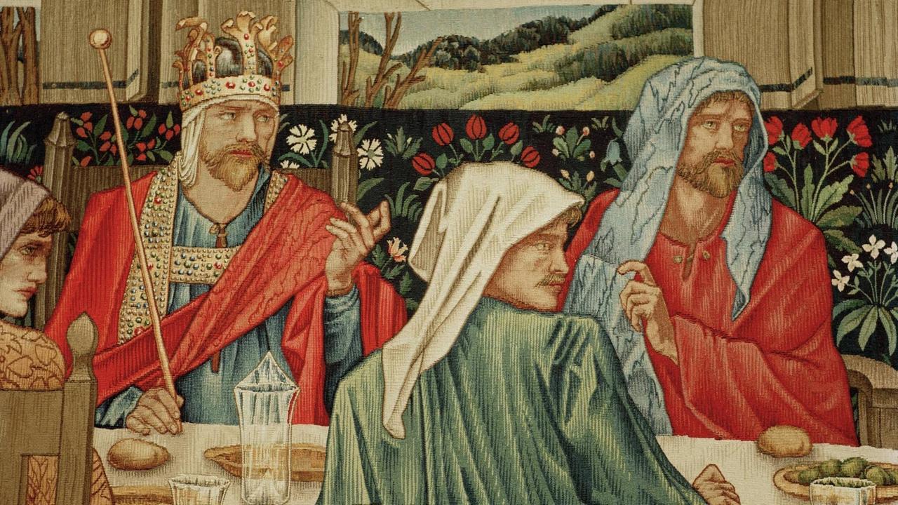 Gemälde auf dem König Artus am Tisch sitzt, um ihn die Ritter.