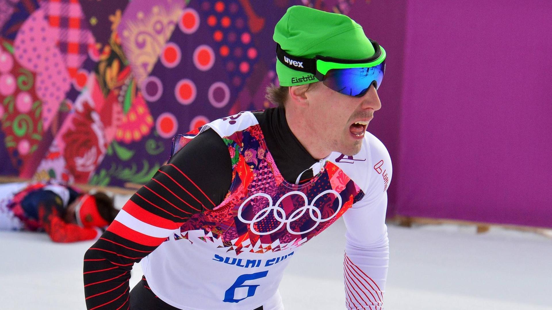 Johannes Dürr nach einem Rennen bei den Olympischen Spielen 2014