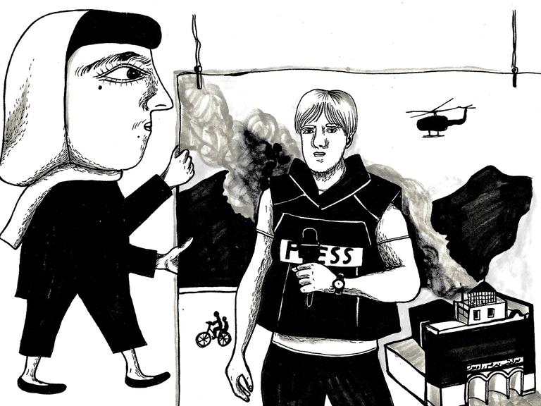 Eine Illustration zur Folge 4 - Afghanistan aus dem Sammelband »Unbias The News – Warum Journalismus Vielfalt braucht« von Hostwriter, das im CORRECTIV-Verlag erschienen ist.