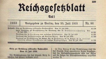Reichsgesetzblatt vom 25. Juli 1933 mit der Verkündung des "Gesetzes zur Verhütung erbkranken Nachwuchses"